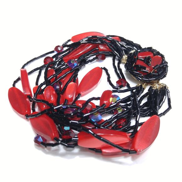 Vintage 1950s Red Black 15 Strand Beaded Bracelet Lucite AB Crystal Glass Beads - Picture 1 of 10